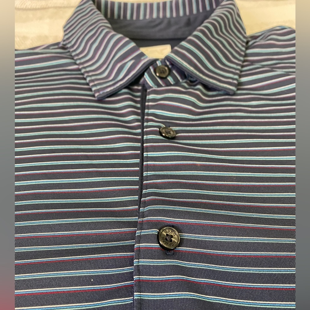 Greg Norman Collection Navy Polo with Light Blue and White Stripes